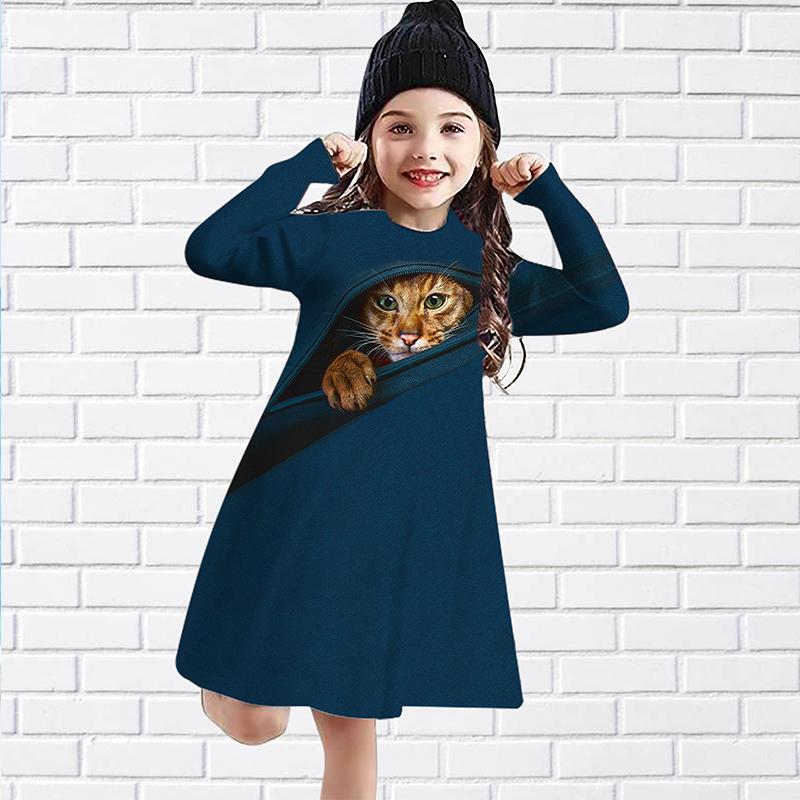 

Платье для девочек, весеннее повседневное платье, короткое свободное платье с длинными рукавами и котенком, модное детское платье с 3D принтом оленя, детская юбка 150 синий