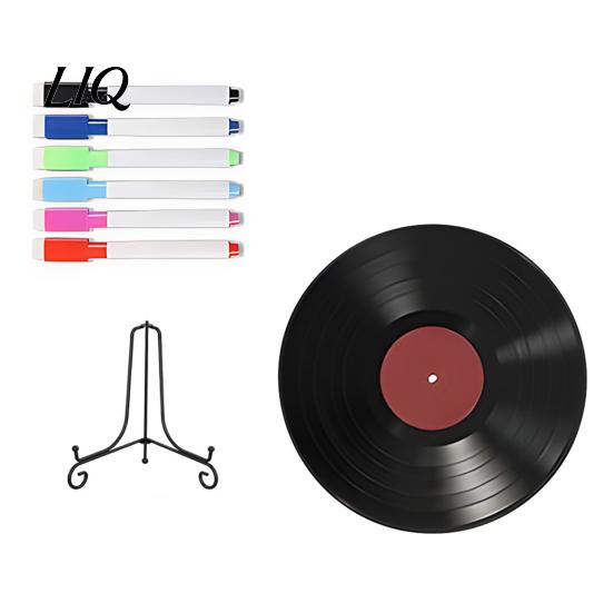 Retro Wall Decorations Vinyl Record DIY Graffiti Clock Ornament, Blank Acrylic Tabletop Reusable Drawing Surface Decor with Stand, Personalized