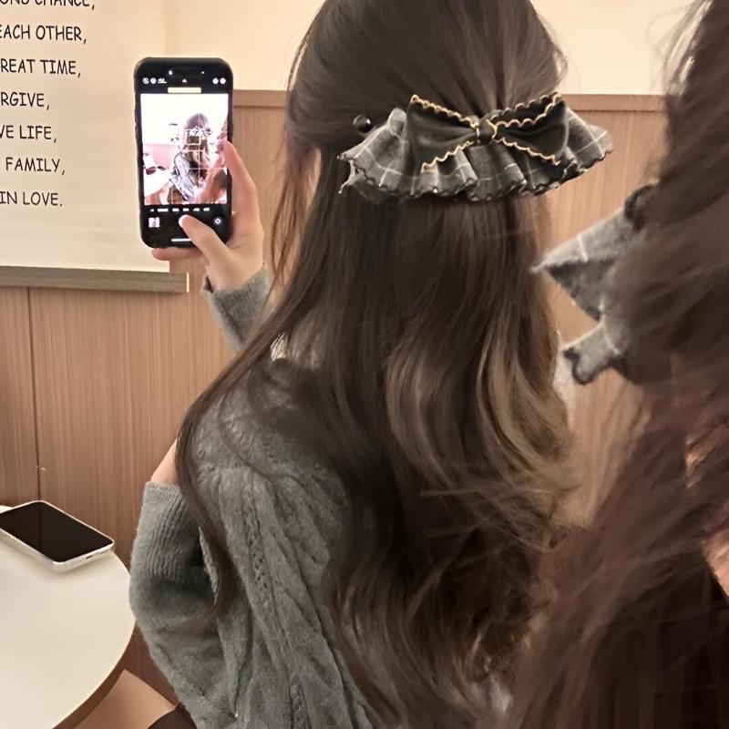 Vintage Plaid Bow Hair Claw Clips Women'S Trendy Hair Accessories Leather Bow Ruffle Design Grid Pattern Banana Clip Headdress