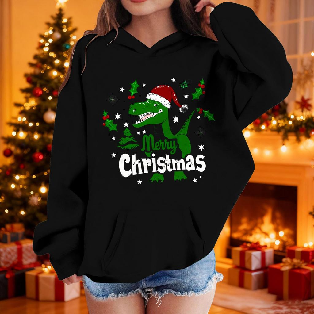 Girls Long Sleeve Christmas Print Hooded Sweatshirt Casual Comfortable Top for Holiday