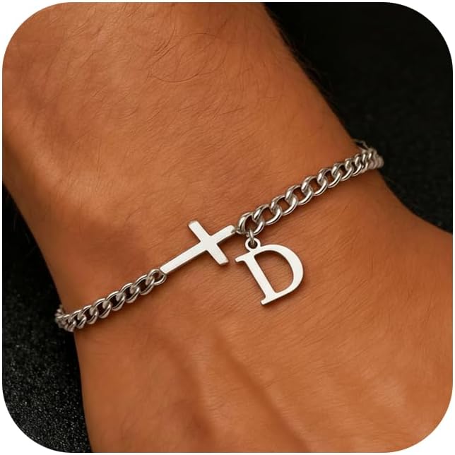 Men Cross Cuban Chain Bracelets for Men Initial A-Z Faith Cross Bracelets, Stainless Steel Initial Bracelet Religious Jewelry