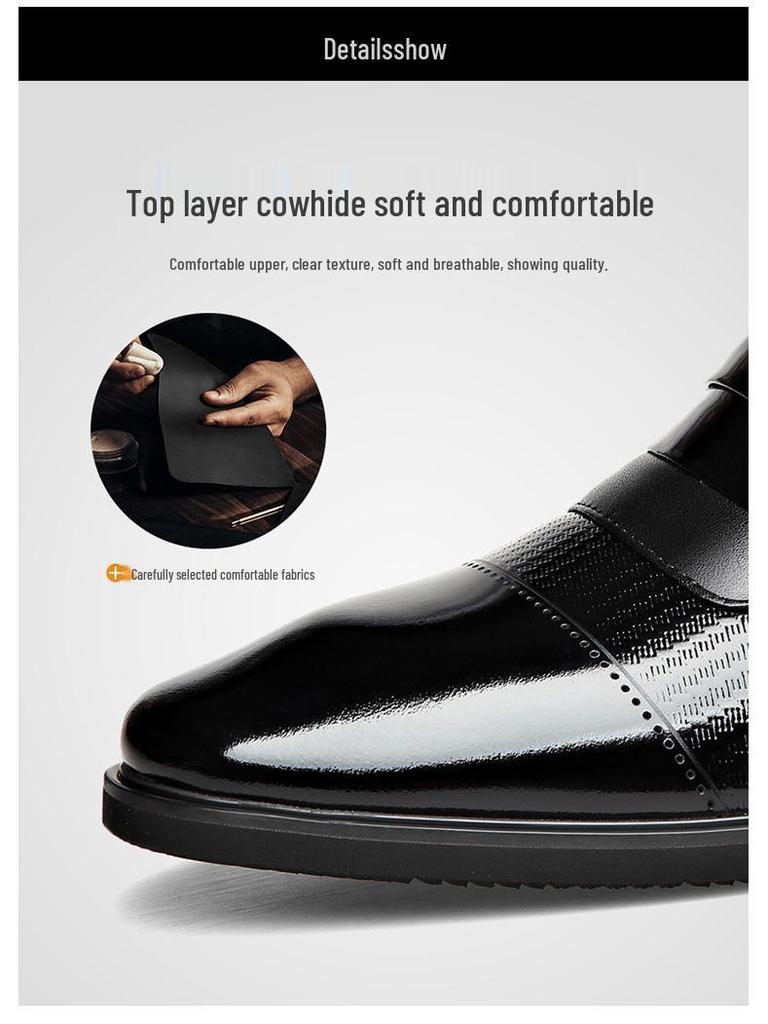Men's Formal Leather Shoes with Height Increase - Genuine Shiny Cowhide for Business & Weddings