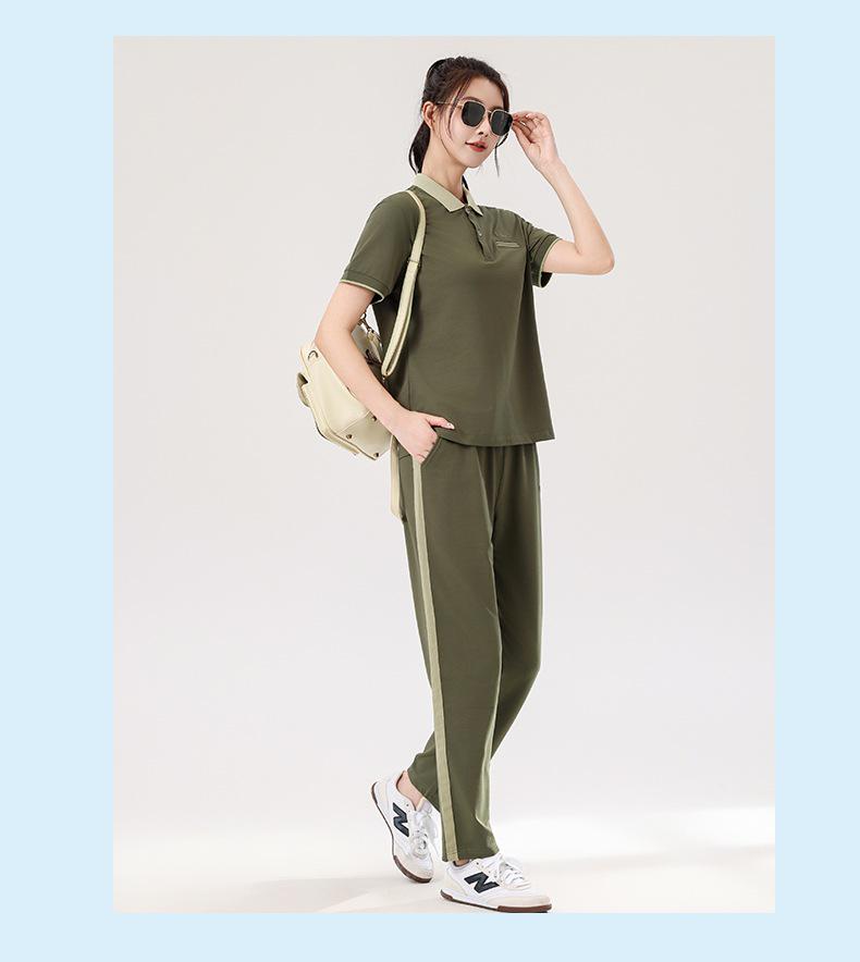 Women's Summer Sportswear Set: Lapel Short Sleeve Top & Loose Long Pants, Plus Size, Casual Two-Piece Running Suit