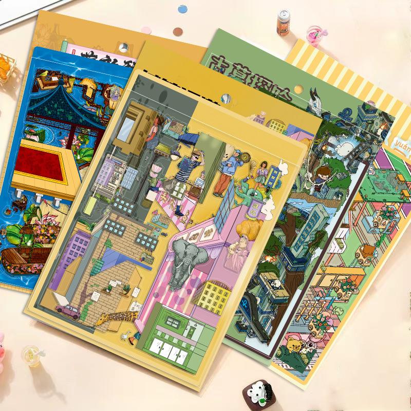Cartoon Large Town Roaming Landscape Sticker 3D Miniature World Unzipped DIY Scene Account