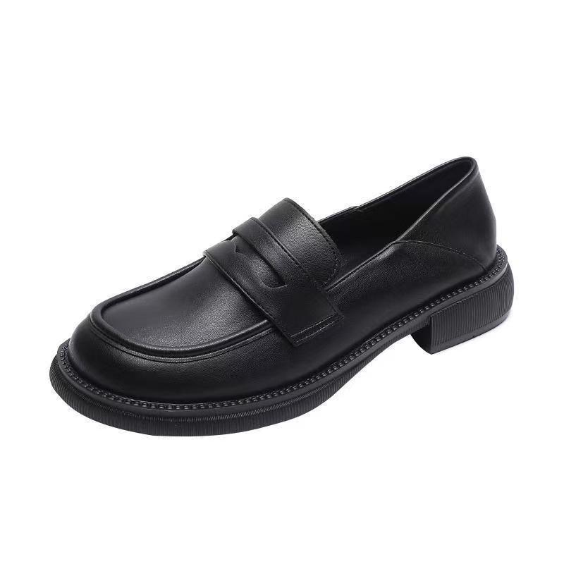 Spring 2025 Women's Black Leather Slip-On Loafers - British Style Flat Bottom JK Uniform Shoes