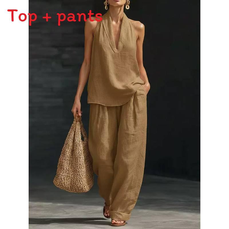 Cotton Linen Blend Sleeveless Pantsuit With Patching For Casual Women Spring Summer