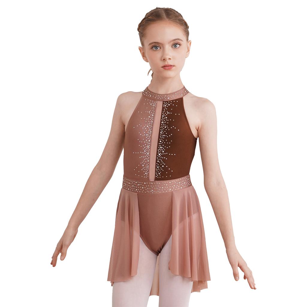 Girls Sleeveless Round Collar Shiny Rhinestone Decorated Backless Lyrical Dance Dress Performance Gown