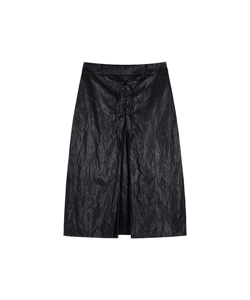 Uusoo Leather Eyelet Skirt_ Black