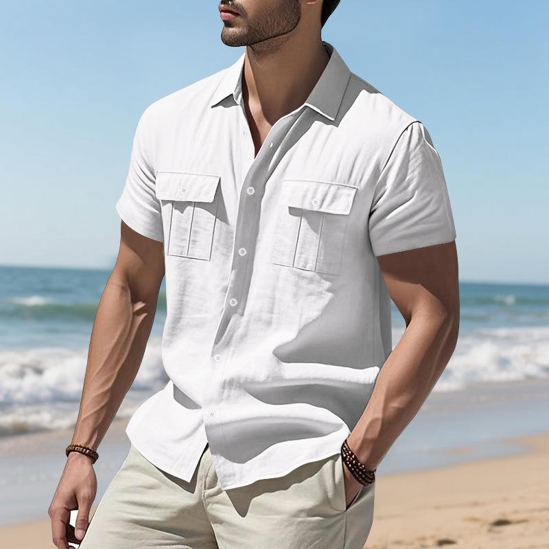 

Loose Linen Short Sleeve Casual Shirt for Men Summer Breathable Beach Shirts M білий