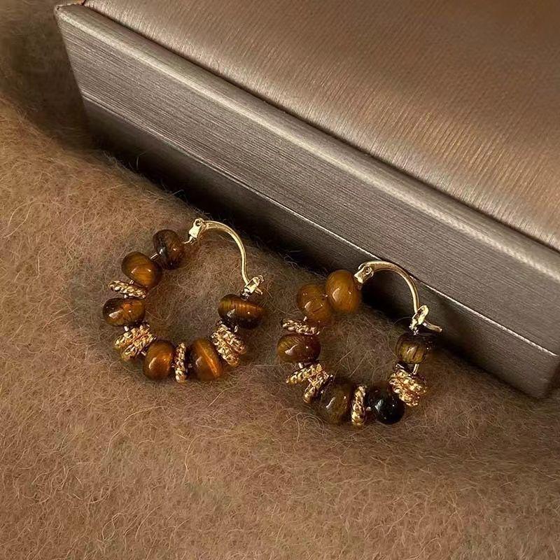 Silver Needle Tiger Eye Round Geometric Pendant Earrings - Retro Millard Style Studs with Unique Niche Design