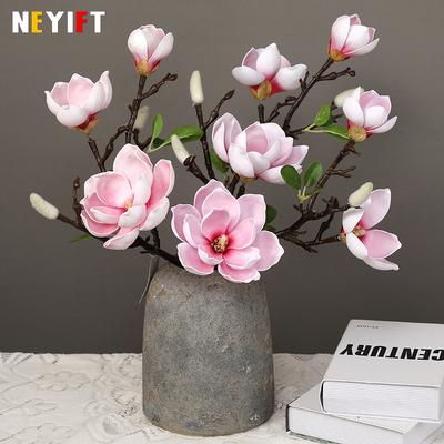 Hochwertiger 70cm Magnolia Real Touch Strauß für Floral 3 Köpfe PU Kunstblumenarrangement Hochzeit Zuhause Wohnzimmer Dekor