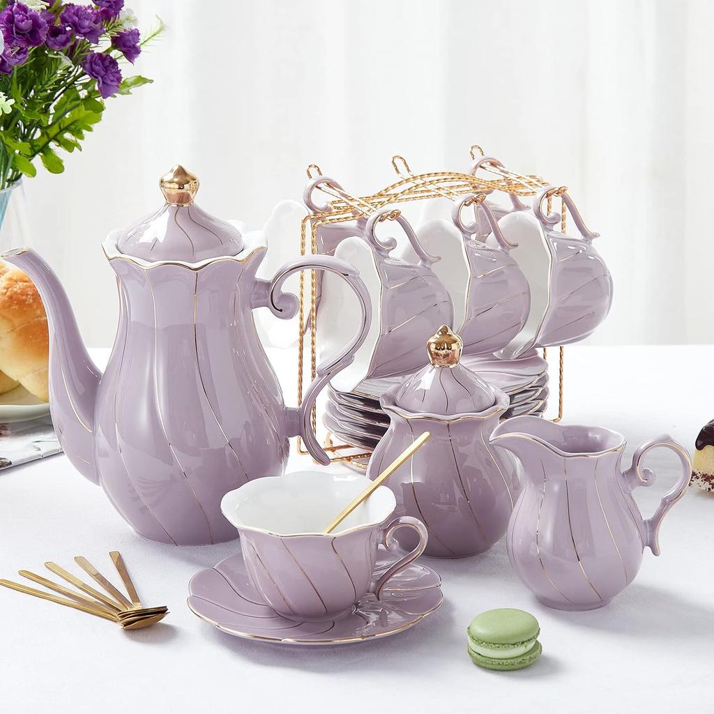 22 Pcs Porcelain Tea Set for 6, Luxury British Style Tea/Coffee Cup Set with Golden Trim, Beautiful Tea Set for Women, Tea Party