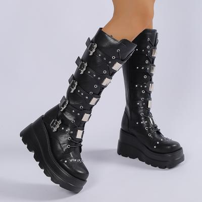 Ladies Goth Platform Boots Fashion Rivet Buckle Punk Wedges High Heels Women's Boots Party Street Cosplay Woman Gothic Shoes
