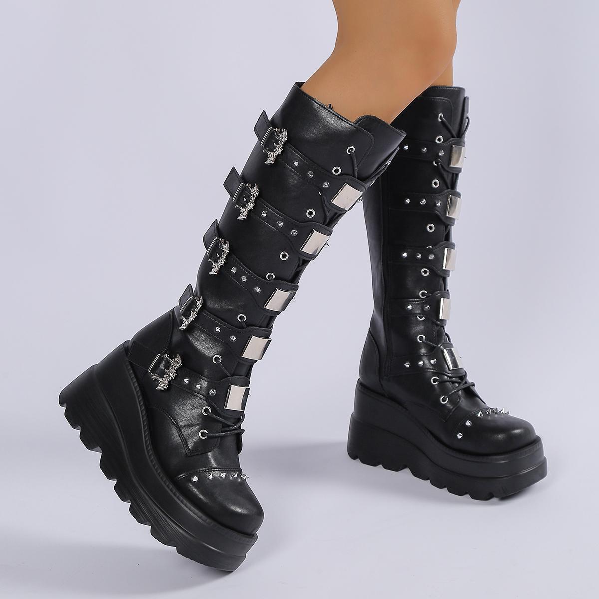 Fashion Shoes Cswo01 Women's Goth Platform Boots Fashion Rivet Buckle Punk Wedges High Heels Boots Party Street Cosplay Woman Gothic Shoes Cm