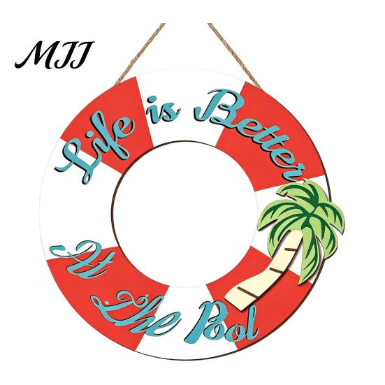 Summer Party Supplies Wooden Swim Ring Hanging Sign for Pool Decoration, Beach Theme Wall Rustic Decor Art with Hemp Rope, Double Layer Seaside