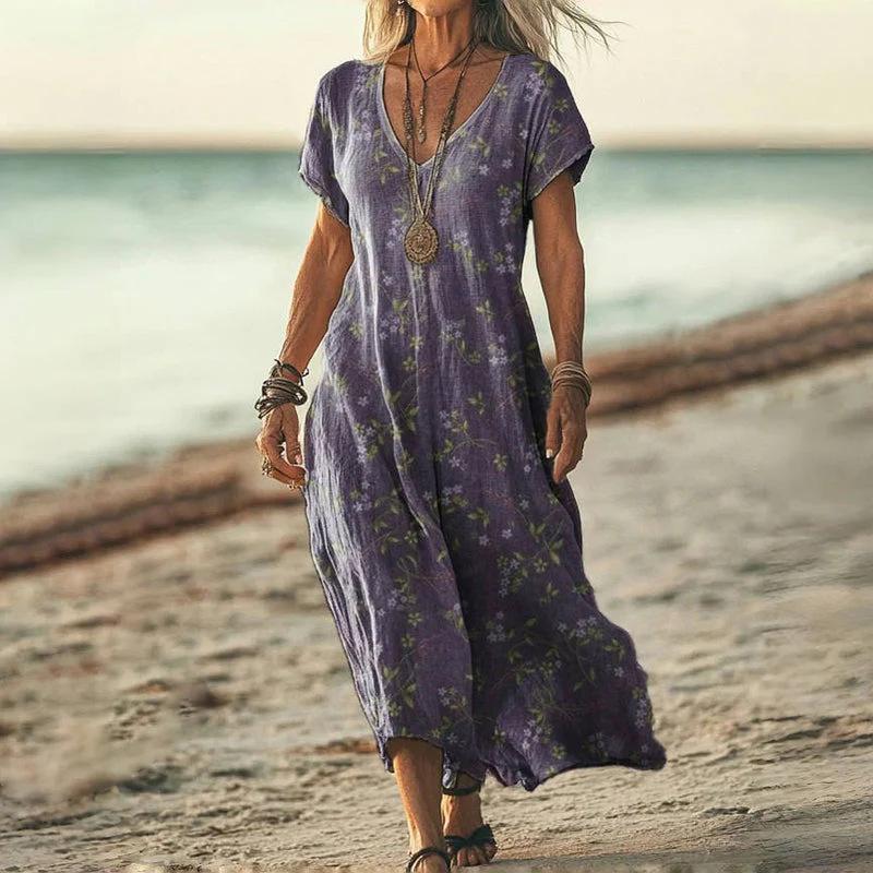 

Boho Print Dress For Women 2025 Summer Casual V Neck Short Sleeve Long Dresses Fashion Vacation Loose Beach Women s Vestidos 6XL