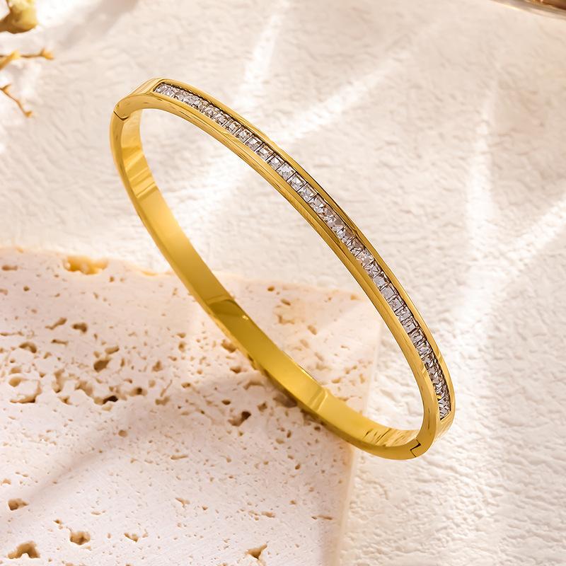 Htpwe Stainless Steel Inlaid Square Zirconium Bracelet Women 18k Gold Plated Couple Holiday Gift Bracelet Party Daily Zircon