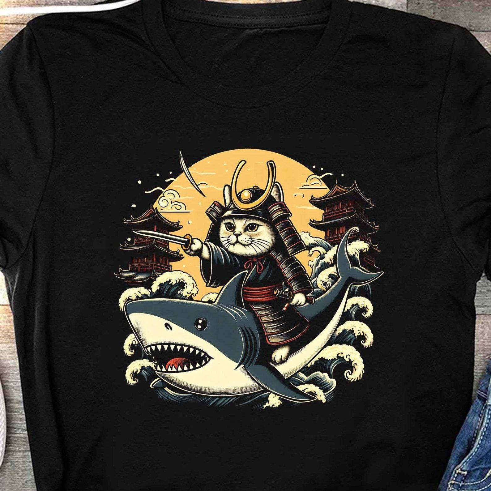 Funny Ninja Cat Shirt, Samurai Cats Tee, Neko Shirt, Japanese Warrior Cat Meme, Kawaii Cat Lover Gift, Katana Cat Japan Tees S