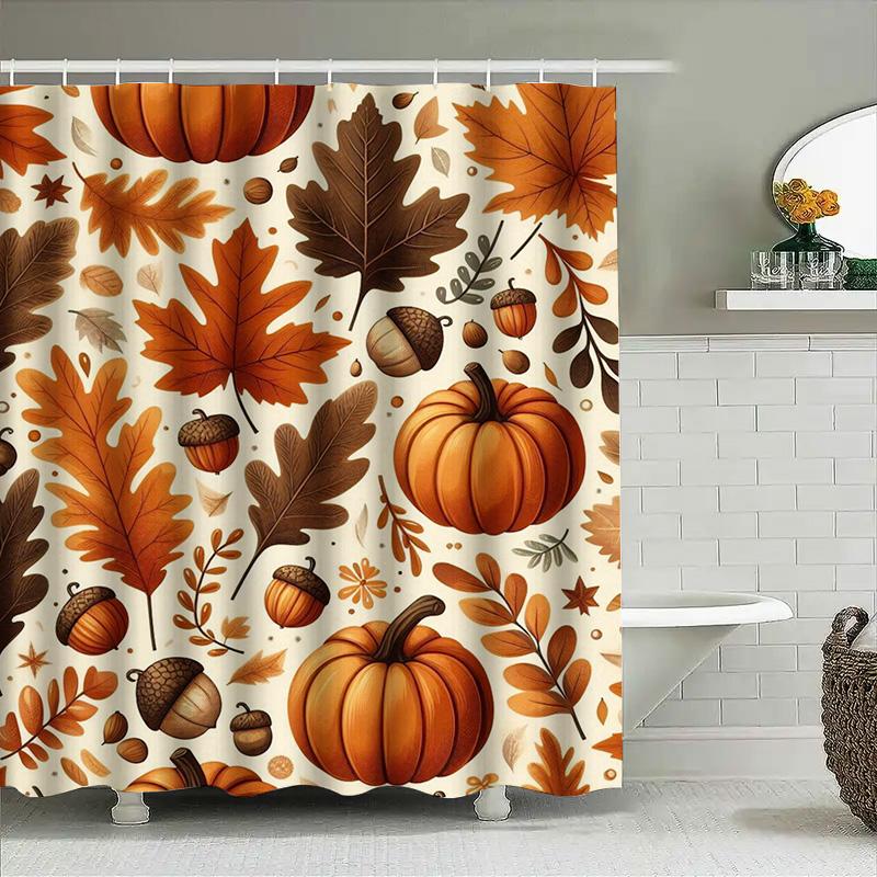 Autumn Leaves Pumpkin Shower Curtain Waterproof Fabric Bathroom Decor Multicolor Pattern For Home Kitchen Use. This Title Adhere