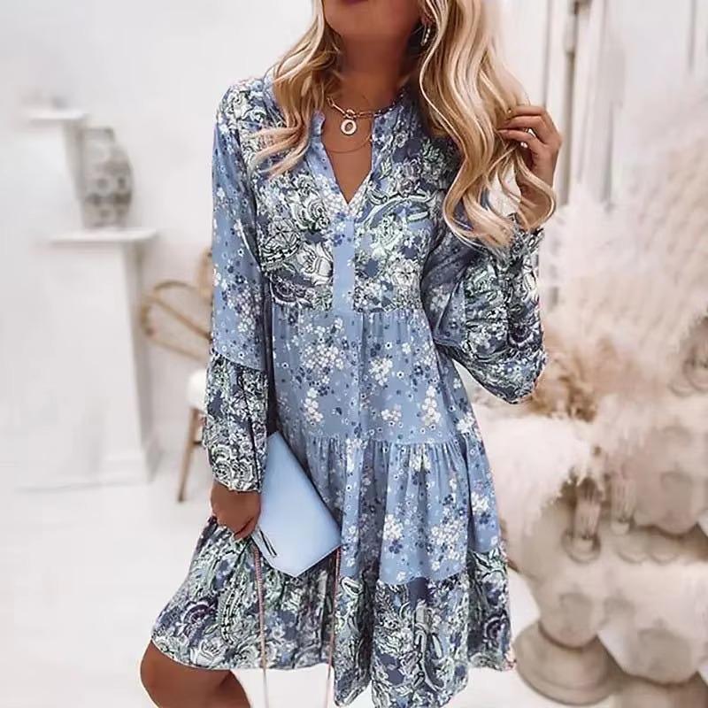 Women's Fashion Spring Fall Flower Pattern Print Long Sleeve Stand-collar Loose Waistline Casual Dresses