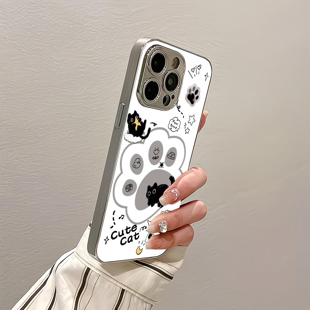 Cute cat paw print silver plated glass phone case suitable for iPhone 17 16 15 14 13 12 11 Pro/Max/Plus scratch resistant