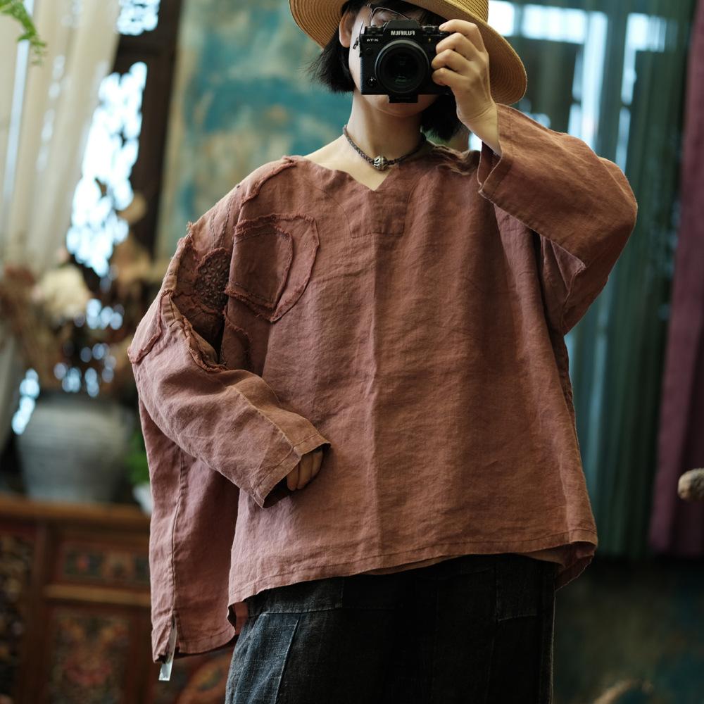 

Johnature Vintage Women Patchwork Floral T-Shirts Autumn V-Neck Bat Sleeve Loose Female T-Shirts One Size