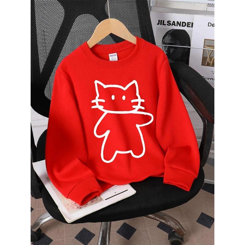 European sizes Kids' Crewneck Sweatshirt - White Cat Outline on Black Background , Sportswear And Casual Wear, Soft And Comfortable