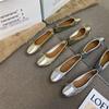2025 Spring and Autumn New Bow Ballet Metal Silver Single Shoes Light Mouth Flat Bottom Granny Shoes Women