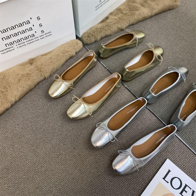 2025 Spring and Autumn New Bow Ballet Metal Silver Single Shoes Light Mouth Flat Bottom Granny Shoes Women