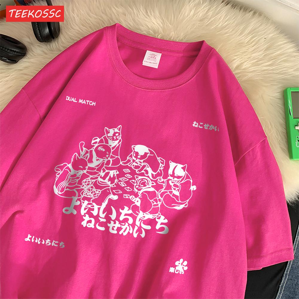 Trend Cotton Women'S T-Shirts Japanese Harajuku Style Cats Prints Short Sleeve O-Neck Oversize Breathable Summer Female Clothes