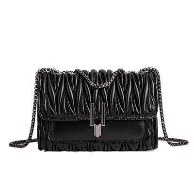 Women PU Vegan Leather Fashion Square Small Bag Ladies Pleated Quilted Metal Lock Flap Cover Long Chain Shoulder Crossbody Handbags