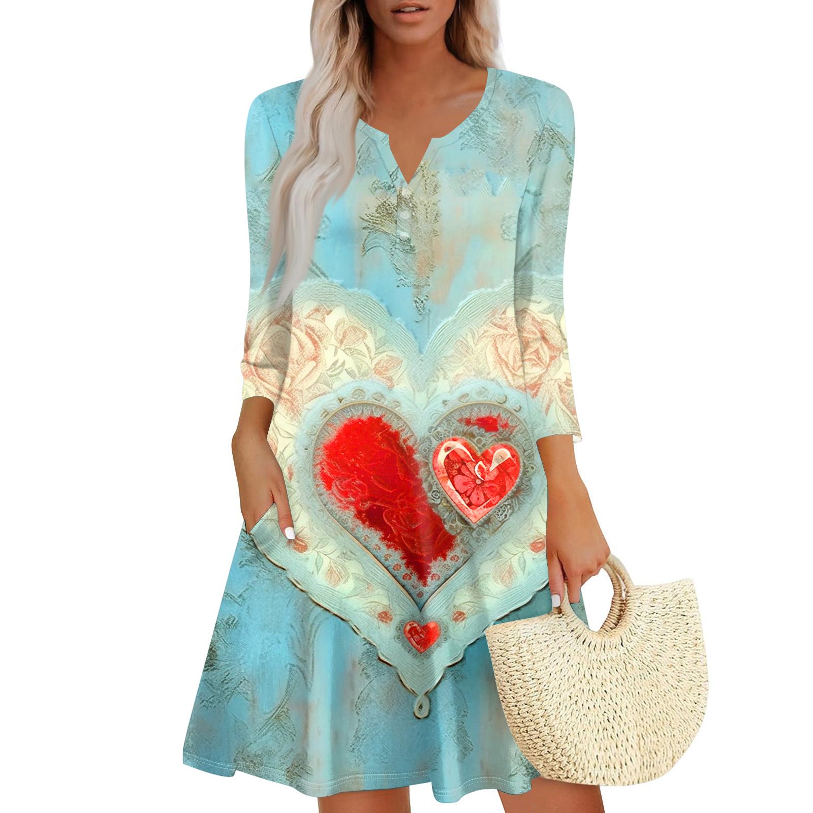 

Women s Dress Loose V Neck Three-quarter Sleeve With Pockets Dress L ціан