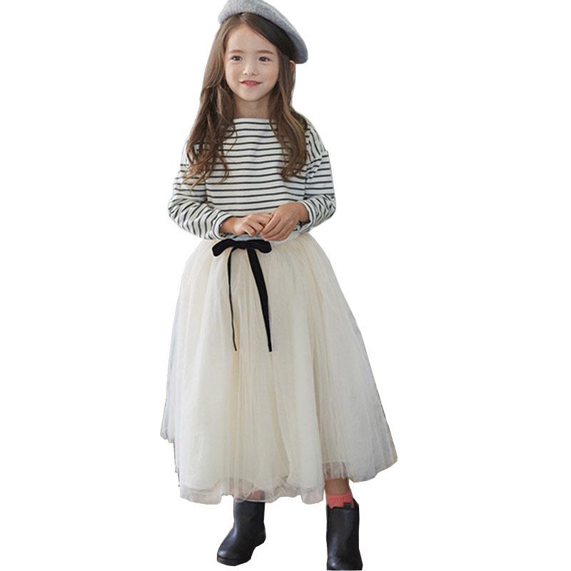 YUBAOBEI Girls Set Spring Teens Children Clothing Striped Full Sleeved T-Shirt + Long Tulle Skirts 2 Pcs Sets