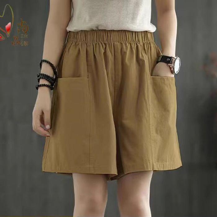 Women's Cotton Pocket Shorts - Summer Casual, Wide-Leg, Elastic Waist, Plus Size, Five-Point Length