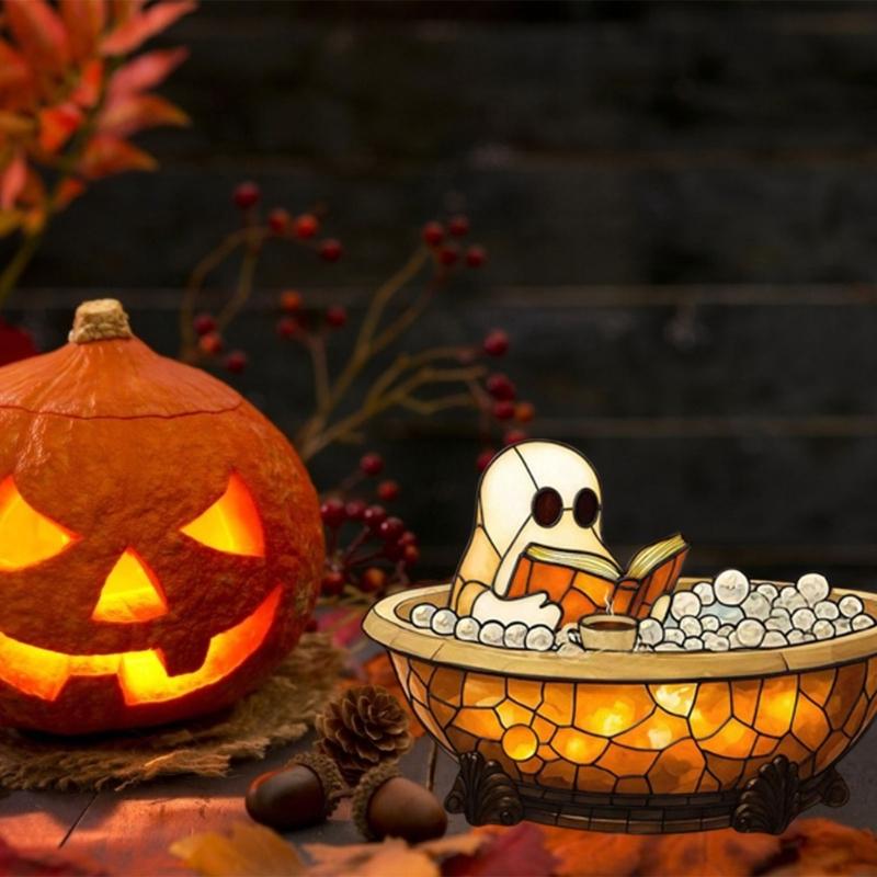 Creative Ghosty Glowing Lamp With Bubble Effect Unique Halloween Decoration Resin Book Theme Ornament