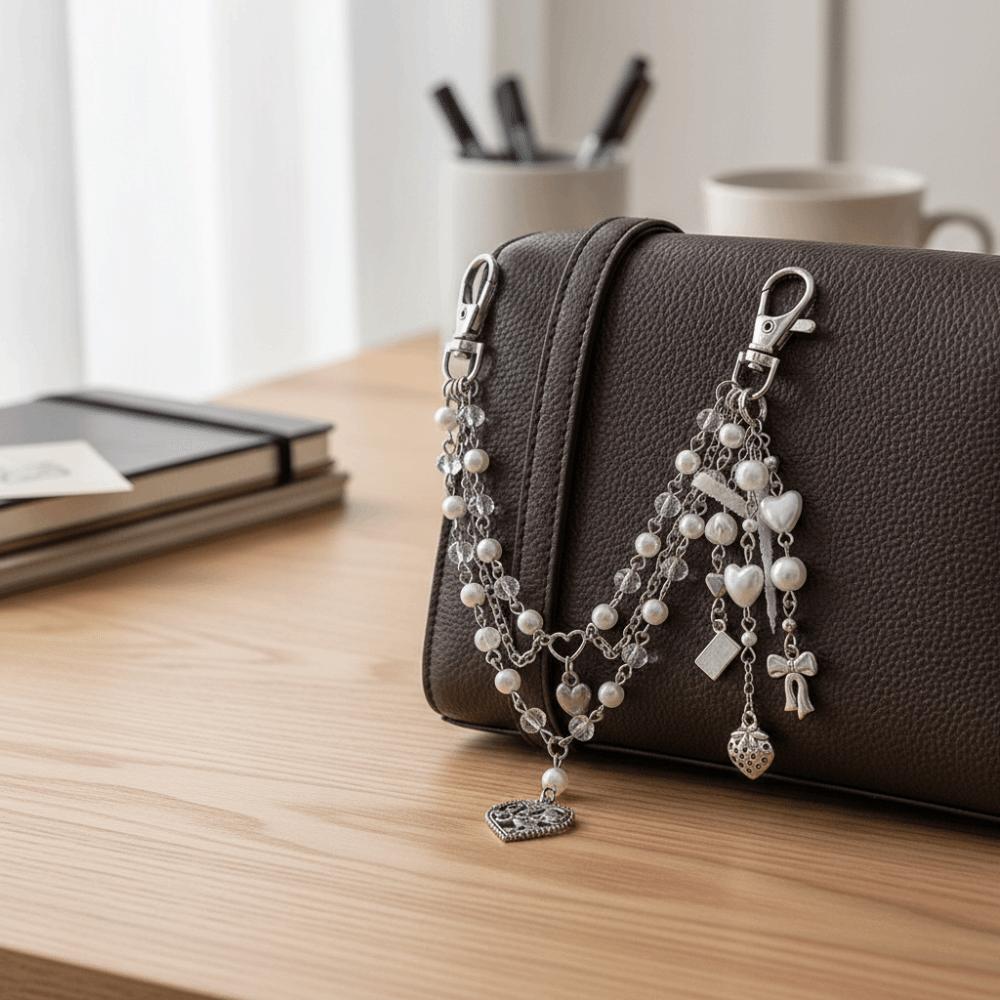 Sweet Acrylic Bag Chain Heart Beaded Keychain Y2K Style Imitation Pearl Accessories  School