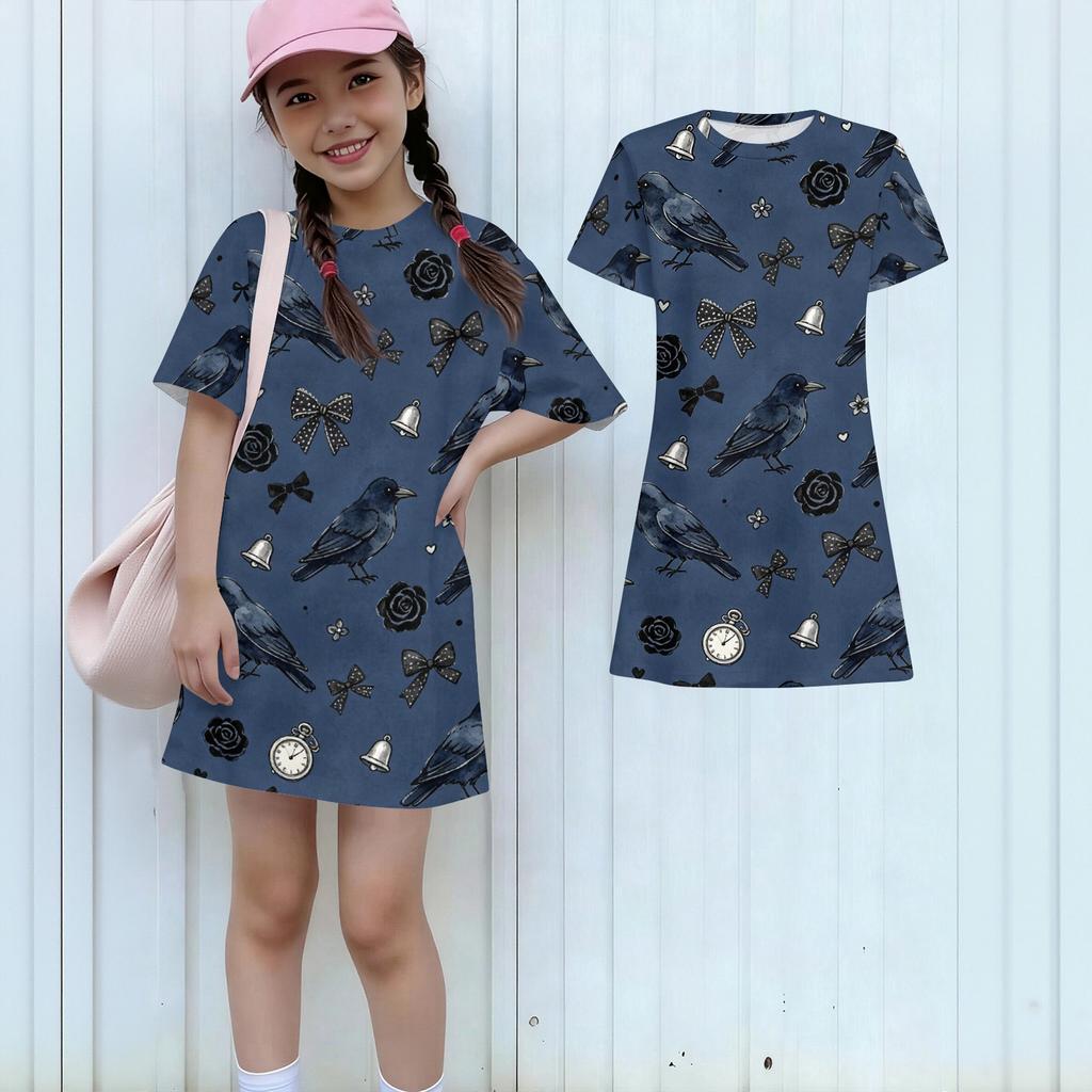 Girls Loose Fit Short Sleeve Dress Kids Round Neck Lightweight Summer Dress with Animal Print Pattern Casual Daily Wear