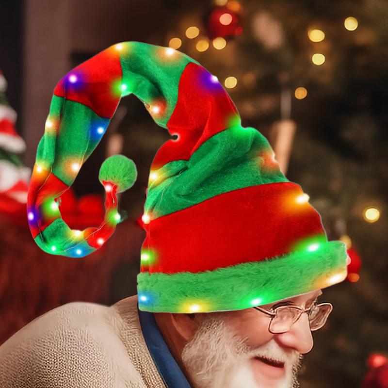 Christmas Creative LED Gold Velvet Light up Christmas Hat Elf Hat Decoration with 3 Button battery Holiday Party Dress Up hat
