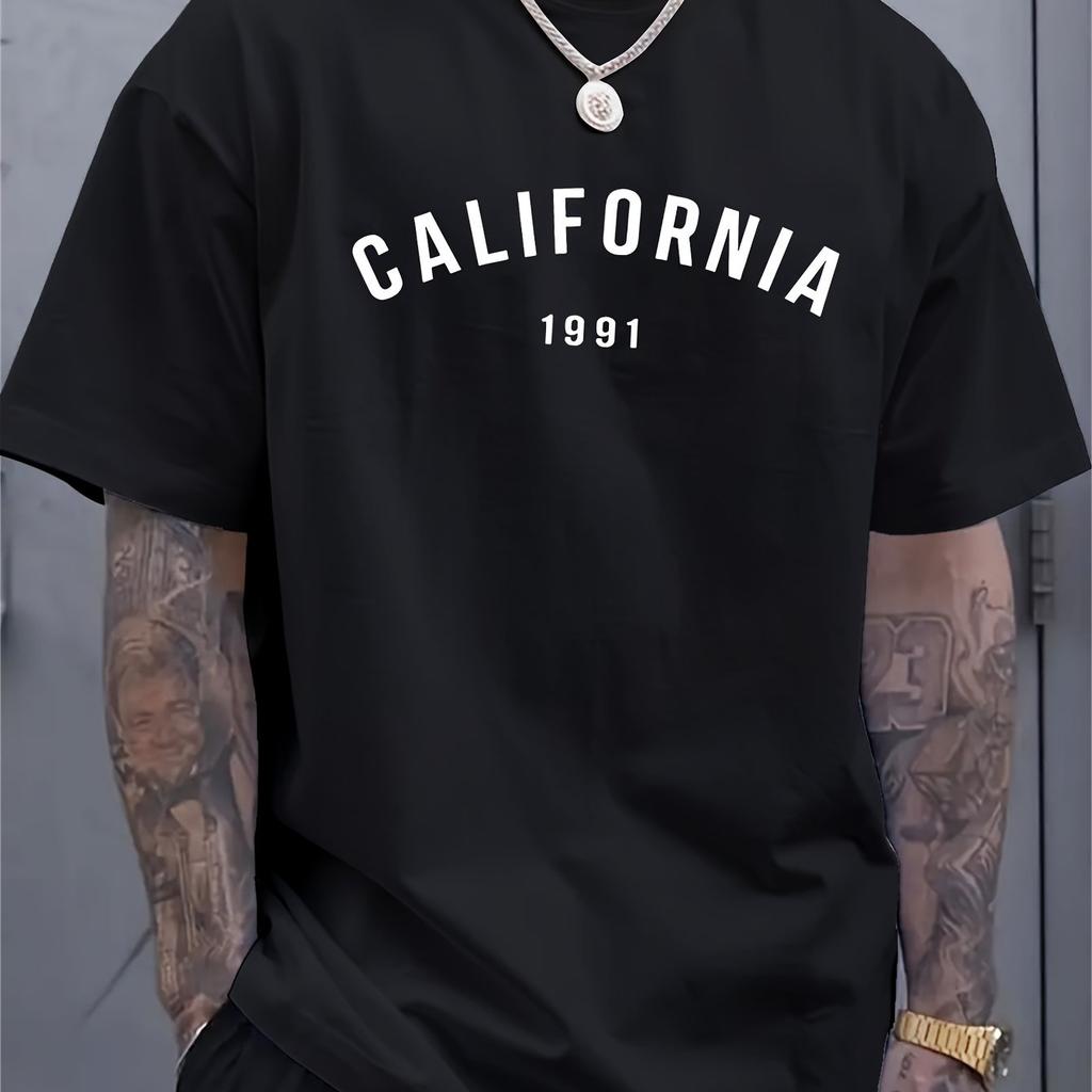 Unisexs Summer 100 Pure Cotton Fashionable Casual Loose Sports California 1991 Pattern Print Round Neck Short Sleeved Tshirt Top