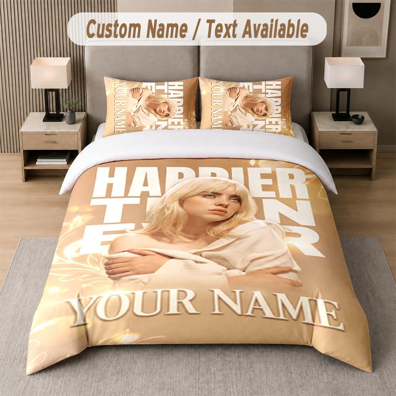 Billie Eilish 3Pcs Bedding Set, Personalized Custom Name Text, 1 Duvet Cover & 2 Pillowcases For Bedroom