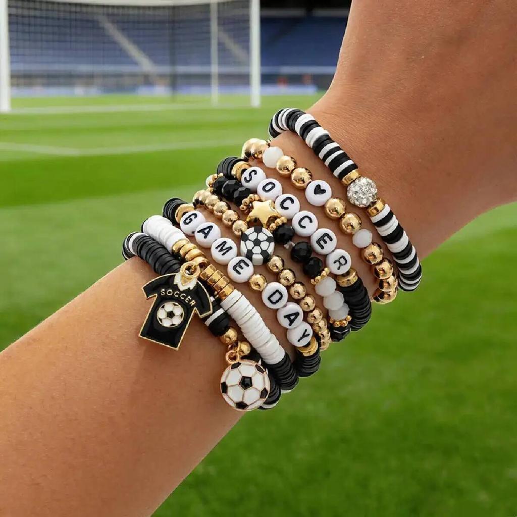 SHIXIN Colorful Beaded Bracelet Set Football Basketball Letter Charms Hand Chain Women Men Sports Jewelry Stackable Bracelet New