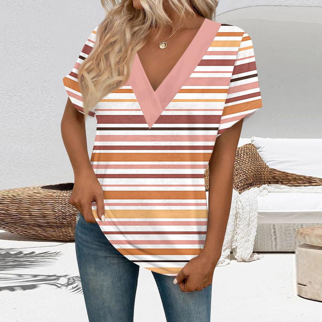 Women's Short Sleeve Shirts V Neck Print Tops Casual Tops Basic Tees Blouse Loose Tops