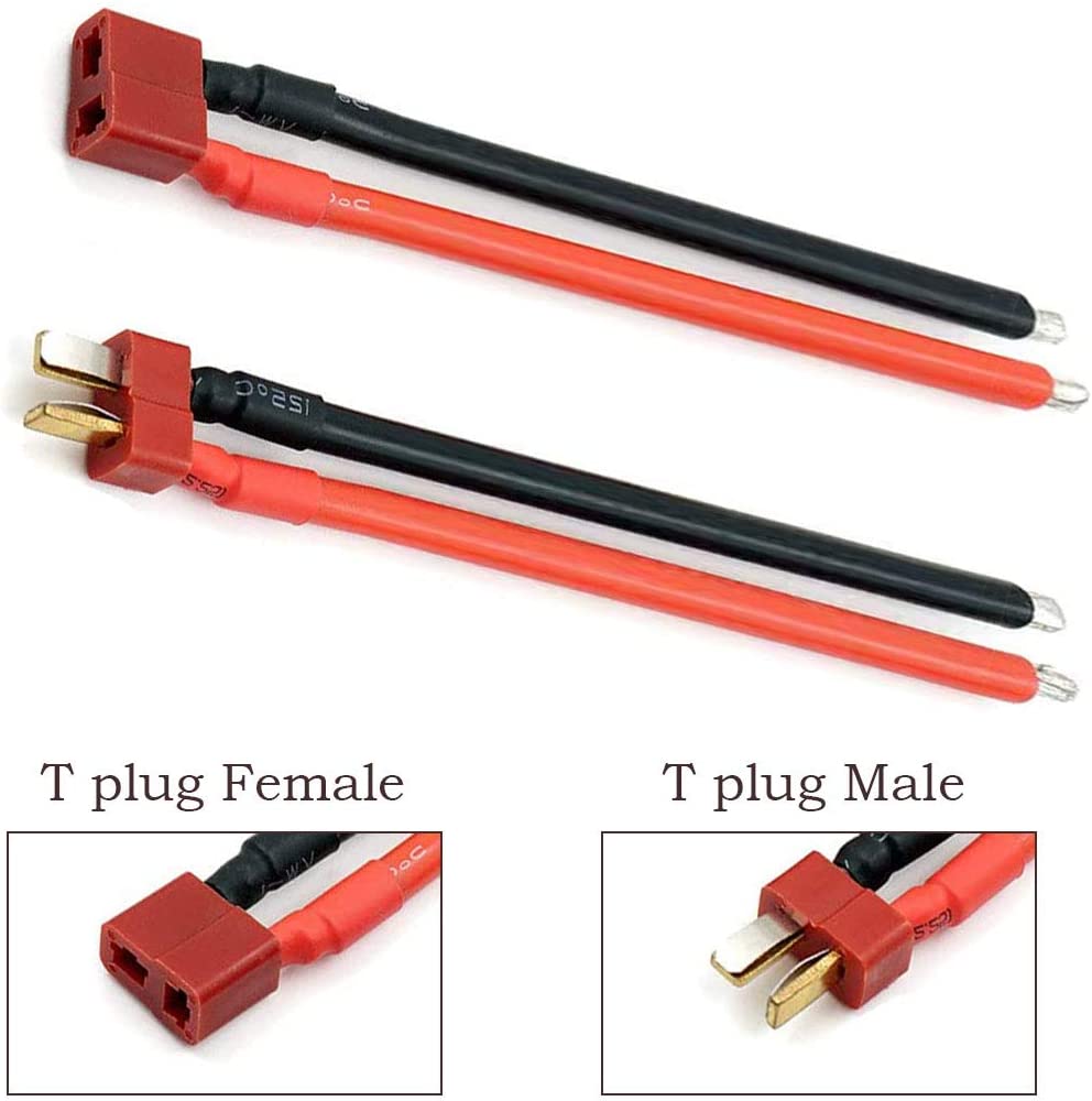 3-Pack 14AWG Deans Style T-Plug Battery Connector Cables | Male & Female Set | RC Battery Connection Wires | Red