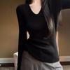 Women's Apricot V-Neck Knit Sweater: Autumn/Winter Slim Fit, Long Sleeve Clavicle Base Layer Top