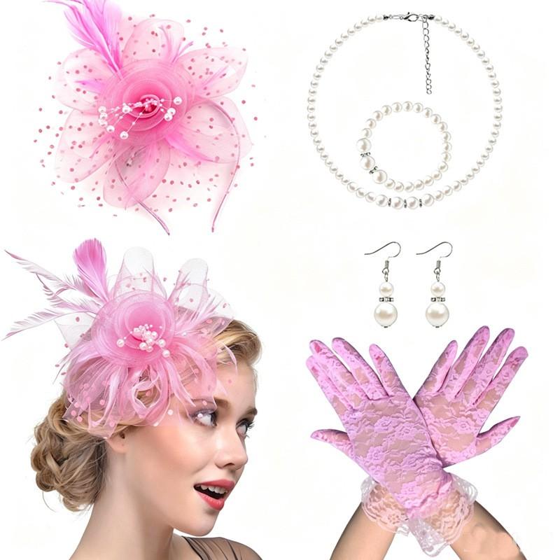 Vintage Bridal Hair Accessories Set Kentucky Derby Feather Headband Gloves Necklace Floral Bow Mesh Wedding