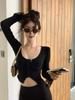 Women's Gray V-Neck Lace Trim Long Sleeve Cardigan - Slim Fit for Autumn/Winter