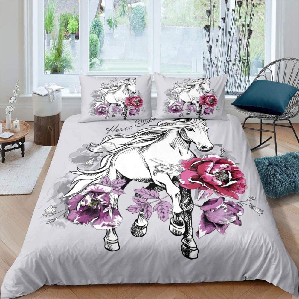 White Horse Pink Cherry Blossom King Full Bedding Set Watercolor Floral Duvet Cover Animal Quilt Cover Polyester Comforter Cover