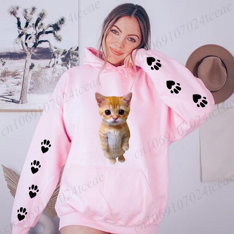 Swimming Cat Print Women Hoody Hip Hop Soft Hoodies Casual Sweatshirts Pullovers Oversize Fleece Fashion Pink Woman Streetwear