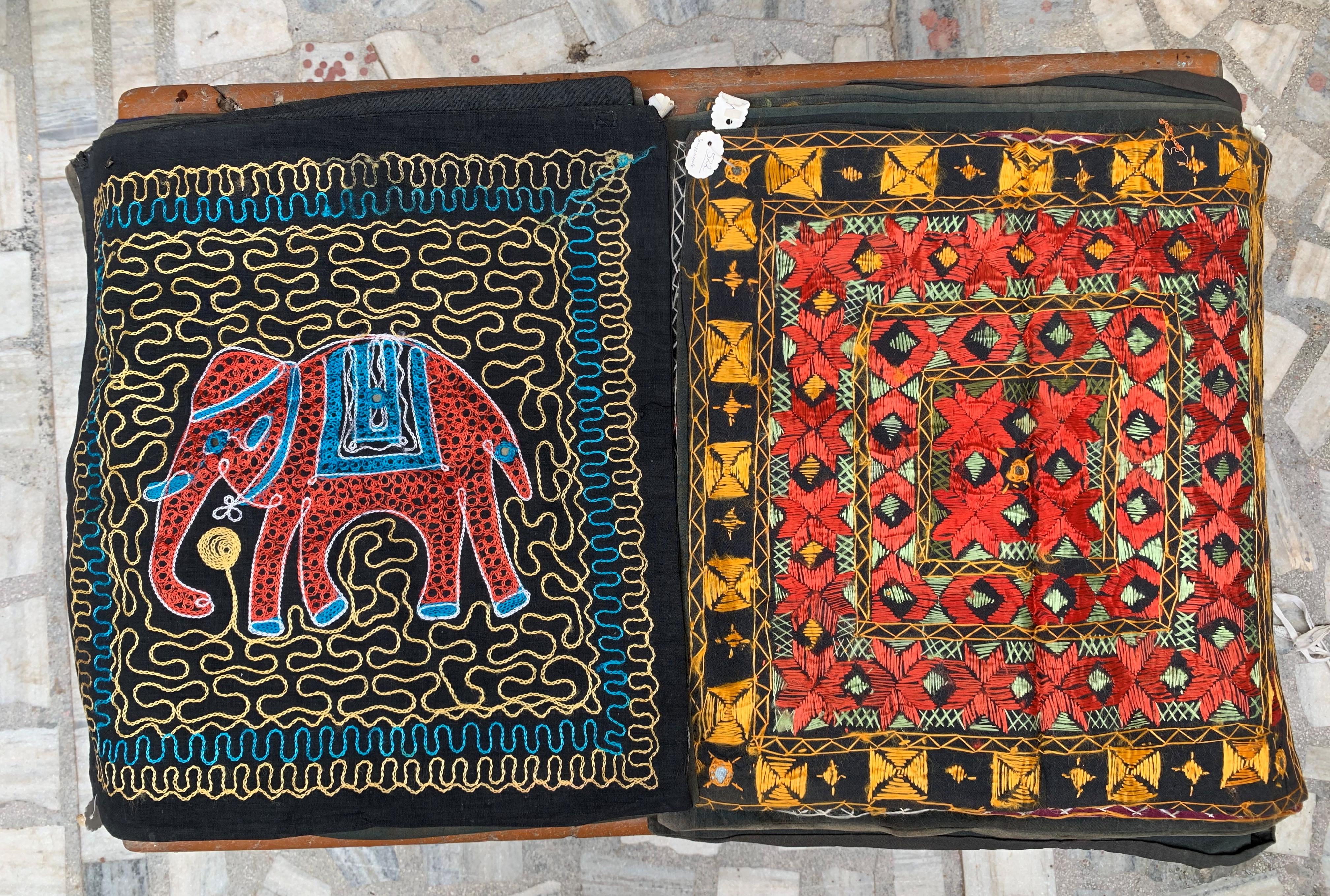 Old Stock Vintage Indian Embroidered Textile with Elephant Motif - Handmade Elephant Design Cushion Covers Size: - 40 x 40 cm ( l x h ) approx.