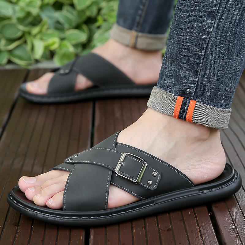 Men Flats Slippers Summer Roman Sandals Retro Black Brown Leather Wide Head Beach Shoes Plus Size